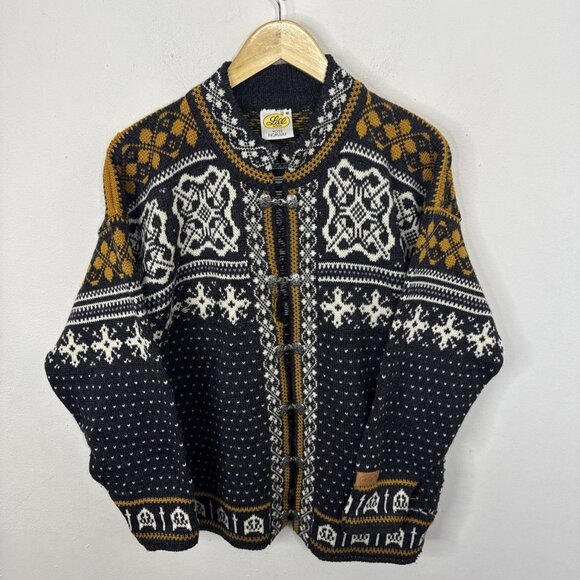 Voss Norway Woman M Cardigan Sweater Gray Latches Nordic Fair Isle - Picture 1 of 12